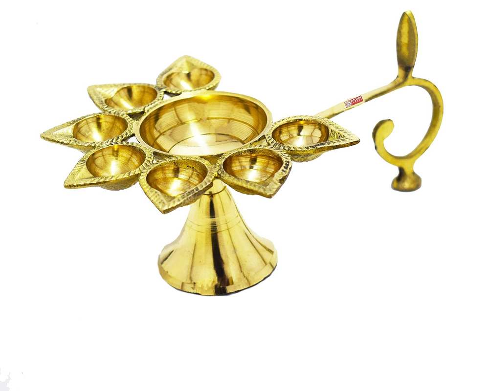 Kitchen Expert Brass Aarti Diya/Deepak, 7 Batti & 1 Big Batti Aarti, Gold