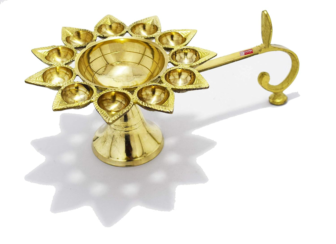  Kitchen Expert Brass Aarti Diya/Deepak, 11 Batti & 1 Big Batti Aarti, Gold